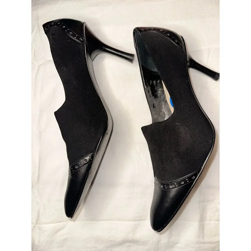 No.40 Carole Little Danny Black Suede and Leather Wingtip Pointed Toe Heels